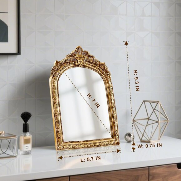 Vintage Makeup Desk Mirror 7 Inch Gold Antique Mirror Frame Decorative Wall Art - Picture 3 of 8